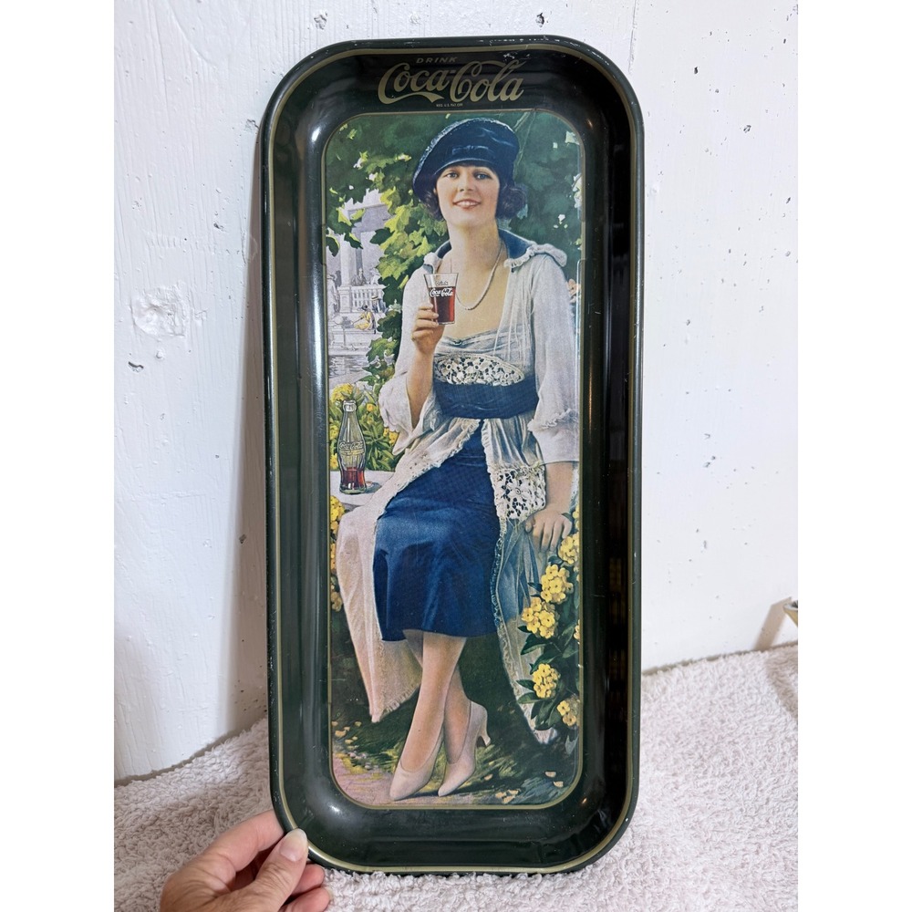 Vintage Coca-Cola Metal Serving Tray 1920s Style Woman Green Rectangular 19x8.5